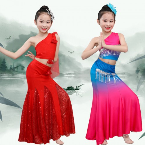 Children Chinese folk dance costumes Peacock Dai dance desses for girls kids modern dance  fishtail mermaid skirt belly dance costumes  for girls